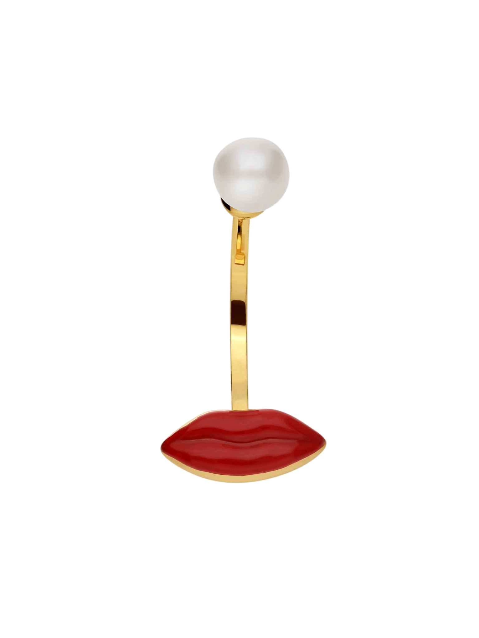 Lips Enamel & Pearl Piercing Earring in 9kt Gold